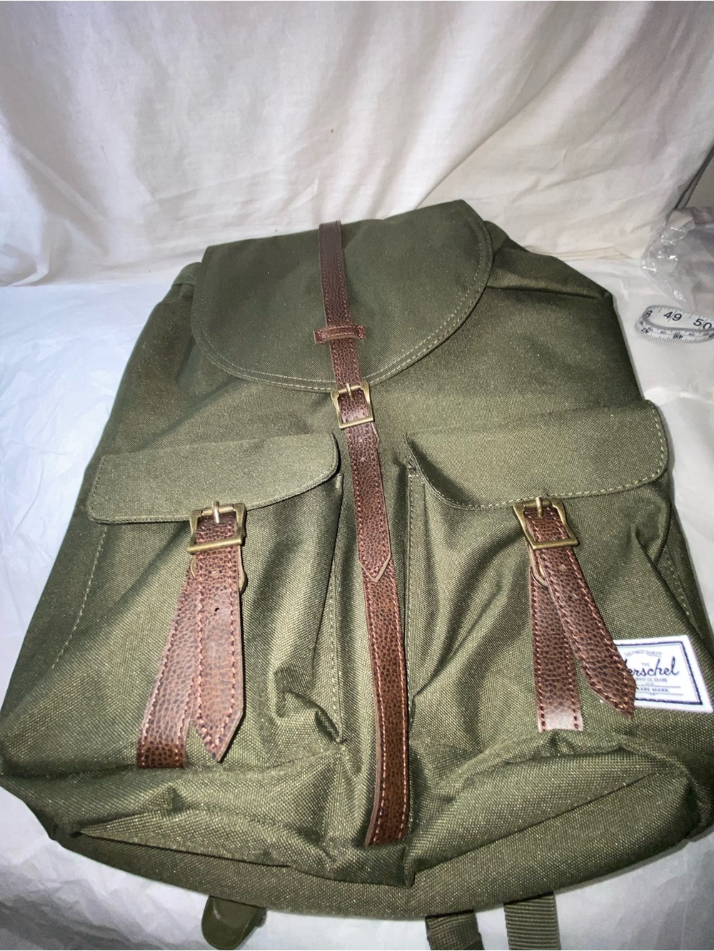 Herschel Supply Company Olive Green Canvas Backpack with Brown Leather Straps
